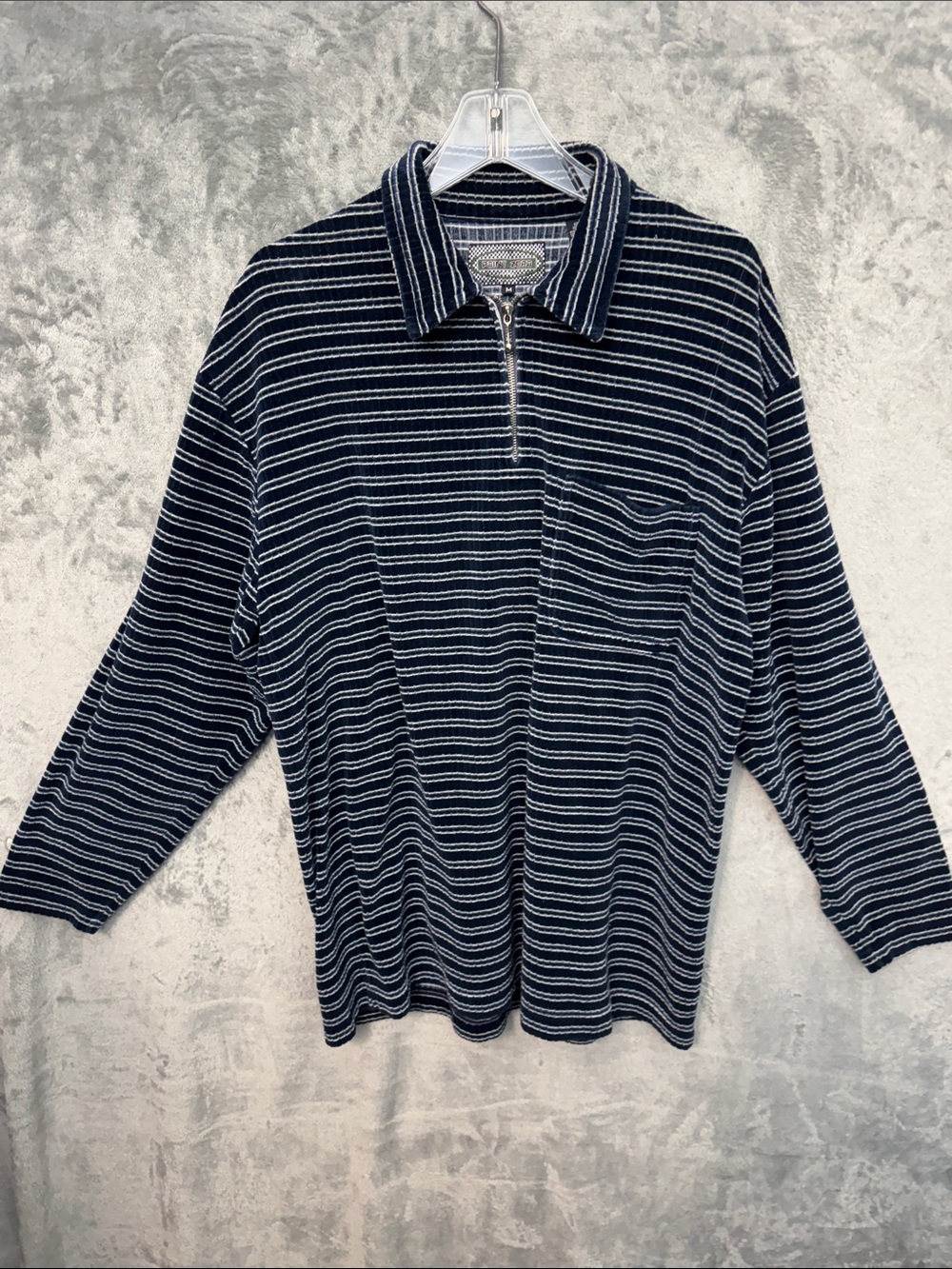 Point Zero Navy and White Med Striped Zip-Front Collared Sweater